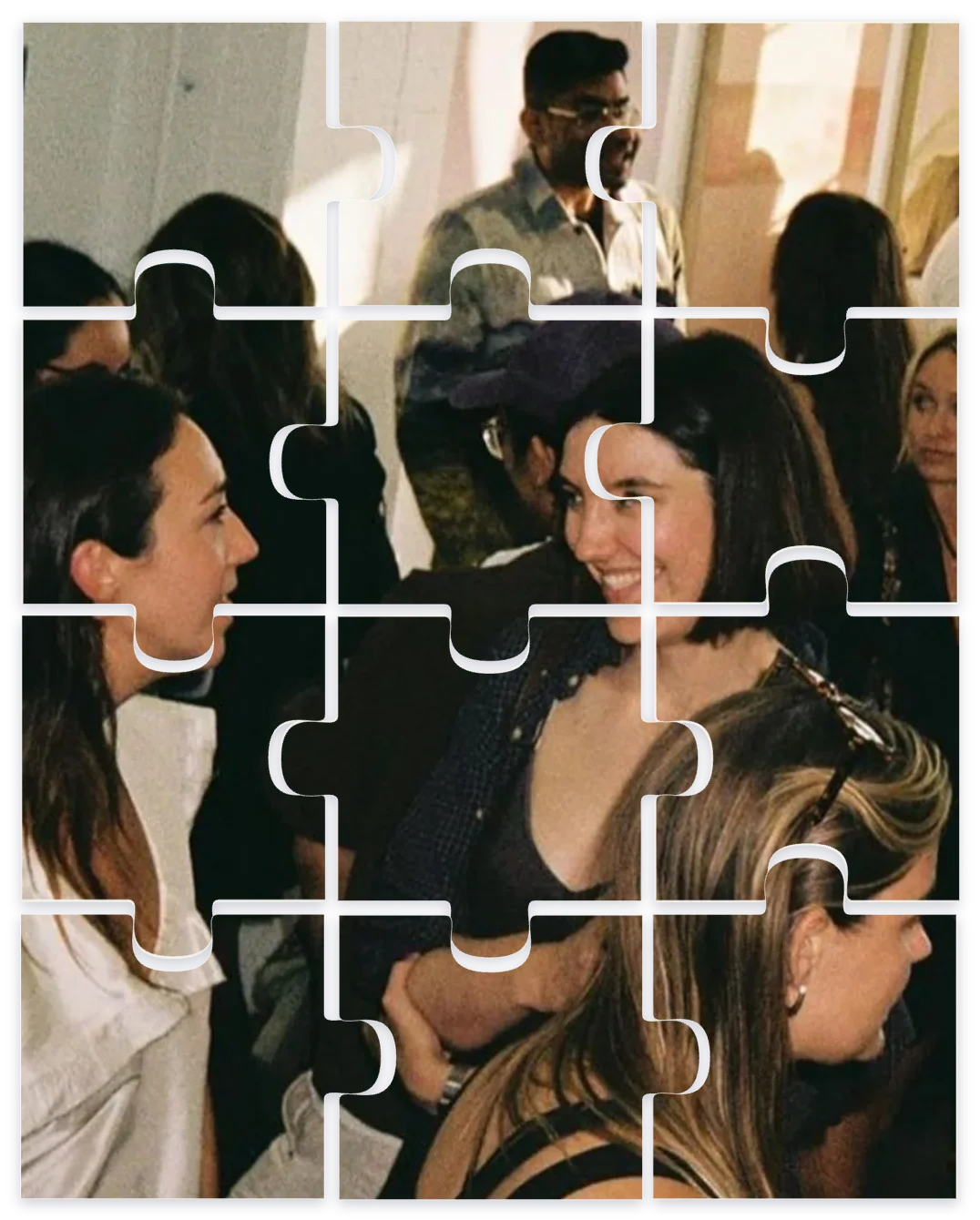 Guests connecting at an event shown as jigsaw pieces